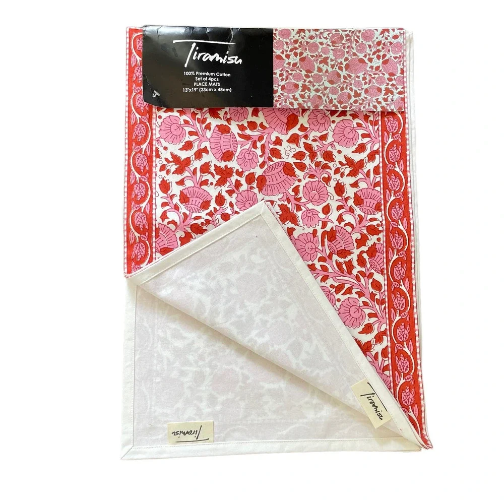Tiramisu Pink & Red Floral Premium Cotton Placemats 13x19 Set of 4 New